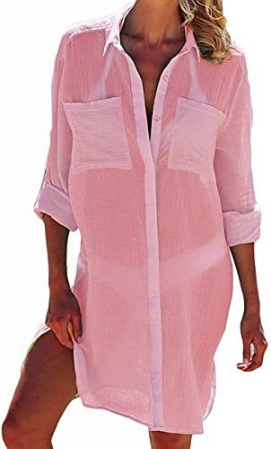 JFAN Femme Été Chemise Tunique Paréo Cover Up Blouse Boutonnee Col V Maillot De Bain Cache-Maillots Et Sarongs Haut Rose Robe de Plage Femme