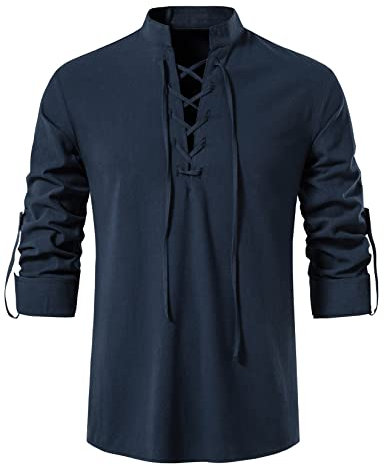 LucMatton Herren-Kostüm mit Schnürung, Baumwolle, mittelalterliches Vintage-Kostüm, Navy, XL
