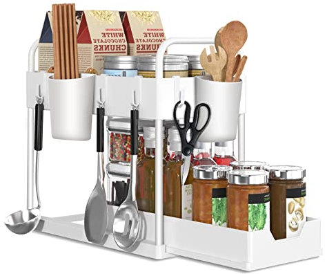 BIAOQINBO 2 Etagen Unter Waschbecken Regal,Spülschrank Organizer mit 4 Haken & 2 Tasse Spülschrankregal Küche Organizer Arbeitsplatte Regal mit Schiebeschublade Unterschrankregal Gewürzregal