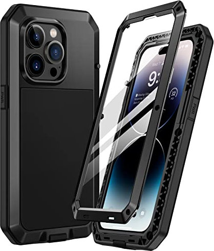 Focusor für iPhone 14 Pro Hülle Outdoor,Handyhülle für iPhone 14 Pro 360 Stoßfest Metall Heavy Duty Komplett Panzerhülle,Schutzhülle für iPhone 14 Pro Staubdicht Armor Case mit Displayschutz,Schwarz
