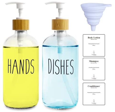 LOOCHICA 2 Pack Clear Glass Soap Dispenser with Plastic Pump, Transparent Dish and Hand Soap Dispenser Set, Refillable Reusable Apothecary Soap Pump Dispenser Bottles for Bathroom and Kitchen