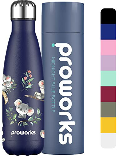 Proworks Edelstahl Trinkflasche | 24 Std. Kalt und 12 Std. Heiß - Vakuum Wasserflasche - Isolierflasche für Sport, Laufen, Fahrrad, Yoga und Camping - 500ml - Mitternachtsblau - Koala Haften