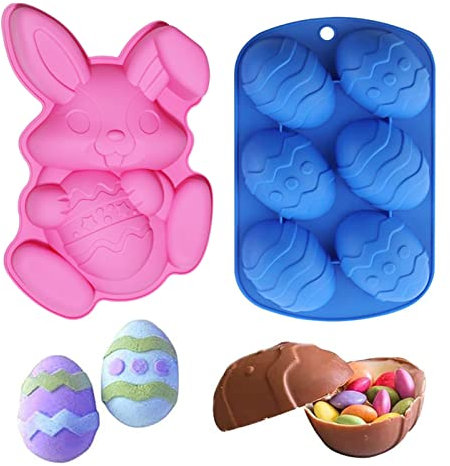 2 Stück Ostereiform Silikonformen, Osterhasen-Eierform, Silikon Backform Osterhase, DIY Ostern Silikonform Set,Ostern Backform für Osterschokolade, Gebäck, Kuchen, Brot, Eiswürfel, Seife - Rosa, Blau