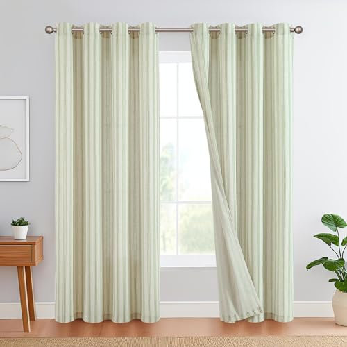 TOPICK Leinen Gestreifte Vorhänge Grün Streifen Gardinen mit Ösen Ticking Streifen Muster Leinenoptik Vorhänge Lichtfilterung für Wohnzimmer Nadelstreifen Gardine Blickdicht 2 Stück H225xB130cm