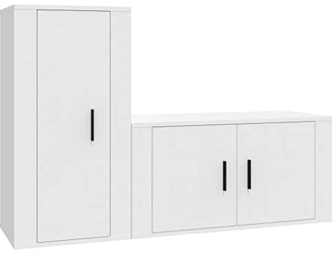 vidaXL TV Schrank Set 2-TLG., Wohnwand Wohnzimmer, Schrankwand Anbauwand mit Stauraum, Lowboard Fernsehtisch Wandmontage, Weiß Holzwerkstoff