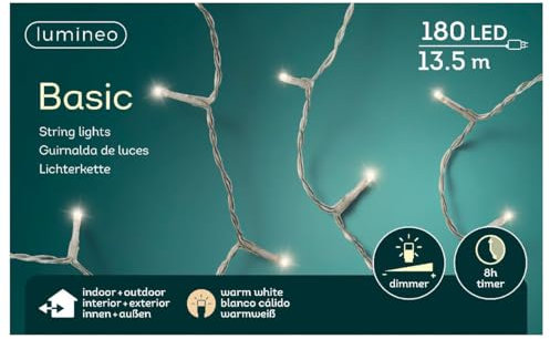 Lumineo Lichterkette Basic warm weiß -180 LED's - 13,5 Meter - transparentes Kabel - Indoor & Outdoor - Timer - dimmbar - IP44