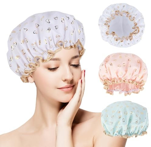 3 Stück Duschhaube Damen, Doppellagige Wasserdichte Duschhauben für Damen, Wiederverwendbare Shower Cap, Elastische Haar Haube, Silk Haarhaube Für Mädchen Frauen Salon Spa Zuhause