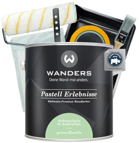 Wanders Pastell Erlebnisse Wandfarbe 2,5L (grüne Koralle, Grau) inkl. Streichset Basic – Premium Kreidefarbe, Leichte Anwendung, Hochdeckend, Ultramatt, Perfekt für Heim-DIY