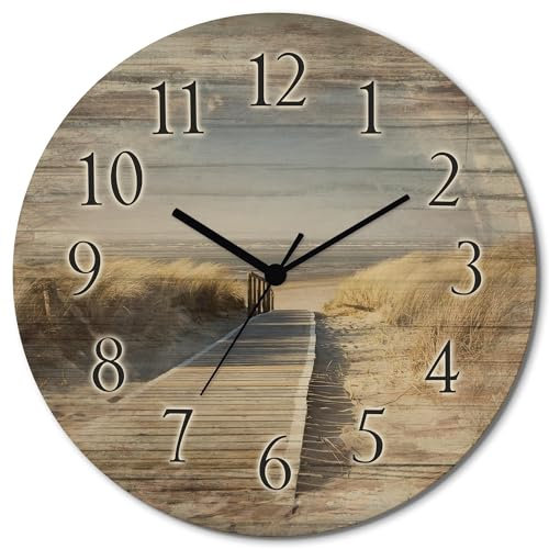 ARTLAND Wanddeko Wanduhr ohne Tickgeräusche aus Holz Quarzuhr lautlos rund Ø 30 cm Nordseestrand auf Langeoog - Steg T5RM Landschaften Strandbilder