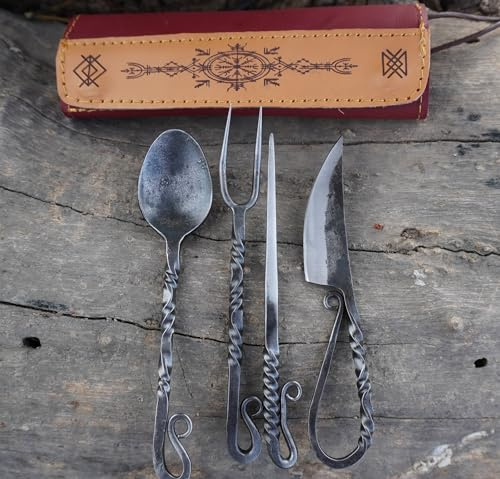 Generic Edge Master Hand Forged Viking cutlery set Fork Knife and Spoon Medieval Feastware,4Pcs Carbon Steel, Multicolor with beautiful Leather Kit, Best gift, 7 Inch