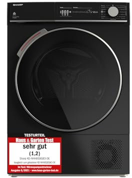 Sharp KD-NHH8S9GB3-DE Wärmepumpentrockner für 8 kg Wäsche, A+++, 176 kWh/Jahr, 15 Programme inkl. Schnellprogramm, LED-Trommelbeleuchtung, Schwarz