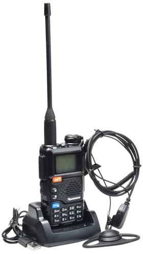 QUANSHENG UV-5R PLUS Handheld Ham Radio with D Shape Radio Earpiece with PTT Mic, Long Range Two Way Radio for Adult, VHF/UHF Dual Band Portable Radio, 200 Channels (UV-5RPLUS with earpiece)