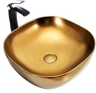 NOALED Quadratisches goldenes Waschbecken, hochwertiges Aufsatzwaschbecken aus Keramik mit schwarzem Wasserhahn und Pop-Up-Ablauf