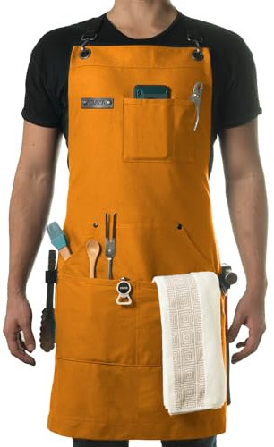 Asaya Chef and BBQ Apron with Bottle Opener and Hand Towel - 10oz Cotton Canvas, Stainless Steel Hardware - Cross Back Straps, Orange, Adjustable, suitable for 5' to 7' tall