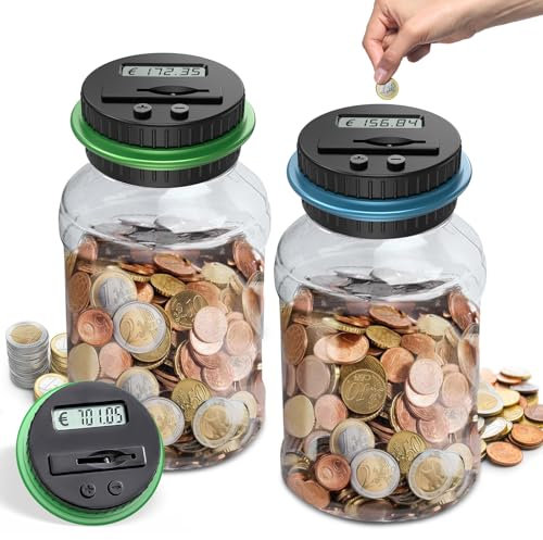 2 Stück Digitale Spardose mit Zähler, 1.8L Spardose Groß, Elektronisch Sparschwein mit LCD Display Euro Geld Sparen, Transparente Münzzähler Automatisch, Geschenk für Kinder und Erwachsene (Blau+Grün)