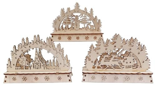 Cepewa Stimmungsleuchter Winterlandschaft, Lichterbogen aus Holz (3er Set) mit LED - Schwibbogen, Weihnachtsdeko, Adventsdeko