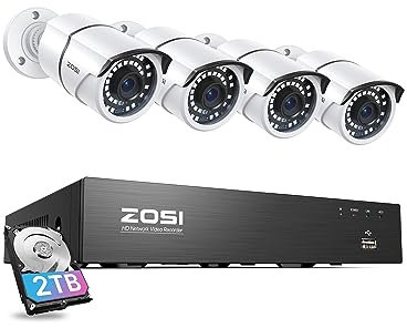 ZOSI 8CH 4K PoE CCTV Camera System, 4pcs 5MP PoE IP Cameras with 8 Ports 16CH 8MP NVR 2TB HDD, Motion Detection, 120ft Night Vision, Remote Access, 24/7 Recording for Home Outdoor Indoor Security