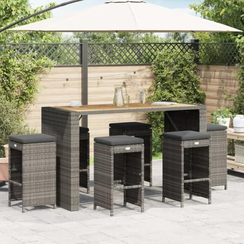 AJJHUUKI Outdoor-Möbel, Garten-Barhocker mit Kissen, 6 Stück, Grau, Poly-Rattan-Möbel