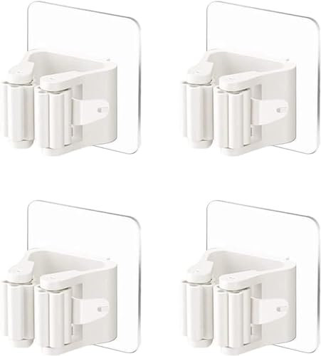 Harford 4Pcs Self Adhesive Mop Holder Broom Holder Wall Mounted White Mop And Broom Holder No Drill Wall Mounted Organizer Clip Wall Mount Broom Clips Broom Clips Without Drilling for bathroom Kitchen