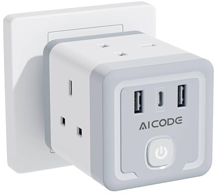 Plug Extension Socket with 3 USB,4 Way (13A/3250W) Multi Plug Adapter UK,USB Wall Plug Charger,3 Pin Cube w/Switch Charger Block for Home Office,Travel