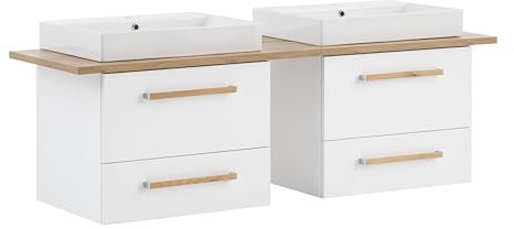 Schildmeyer Doppelwaschtisch Duo 701519, kreideweiß/Eiche Landhaus Dekor, 165,2 x 50 x 61,5 cm