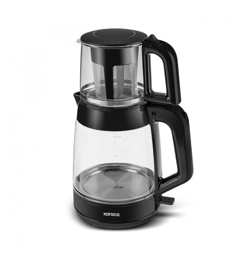 Karaca Glass Tea XL 2 in 1 Glas-Teemaschine & Wasserkocher Shiny Black, 0,9L Teekapazität & 2,2L Wasserkapazität, energieeffizient, automatische Warmhaltefunktion, 360° drehbare Basis, LED-Anzeige