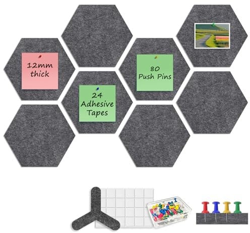 Sliandtelly Hexagon Filz-Pinnwände fürs Büro 8er-Set, 12 mm dicke Filz-Kork-Kacheln mit Push-Pins & Klebepads für DIY-Memo-Pinnwand, dekorative dunkelgrau Vision-Board für Zuhause Küche & Schlafzimmer