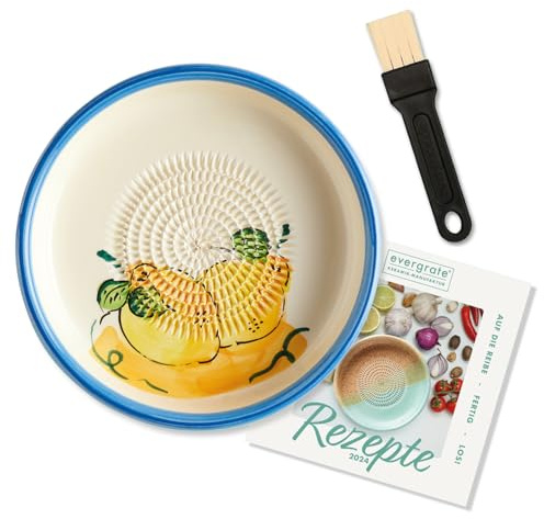 evergrate Keramikreibe Dipschale im Motiv Melissa mit Küchenpinsel und Rezeptheft