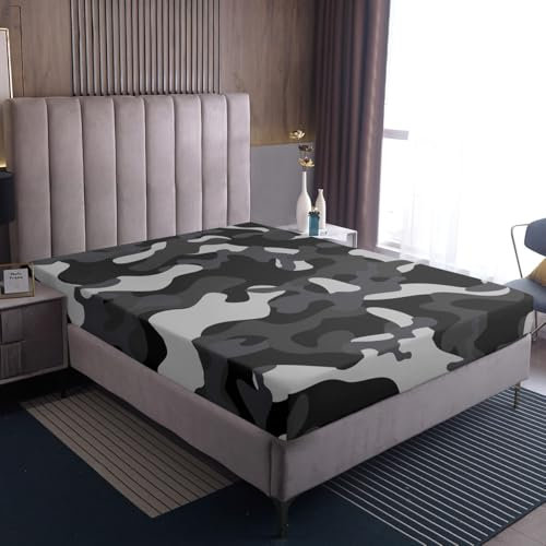 Homewish Graue Camo Spannbettlaken 140x200cm Bettlaken,Schwarz Grau Camouflage Militär Abstrakte Spannbetttuch für Kinder Jungen Mädchen Teenager,Tarnungs Enthusiast Einfaches Bed Sheet Mikrofaser