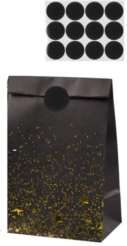 Geschenktüten aus Papier – 12 Stück mit Aufklebern & Sternenmuster –für Süßigkeiten, Giveaways, Kindergeburtstag, Hochzeit & Party (Schwarz)