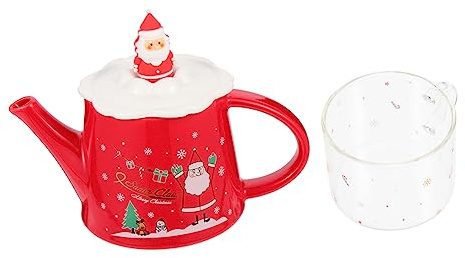 TOYZFRIENDY Ceramic Christmas Tea Pot and Cup Set Decorative Xmas Teapot Retro Red Santa Pattern Home Tea Serving Tool Holiday
