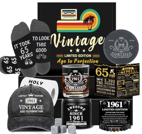 65th Birthday Gifts for Men, Cool 65th Birthday Decorations for Men | 65 Year Old Gifts for Man Who Have Everything, 1961 Birthday Gift Baskets for Man Whiskey Glass Baseball Cap Socks Stones