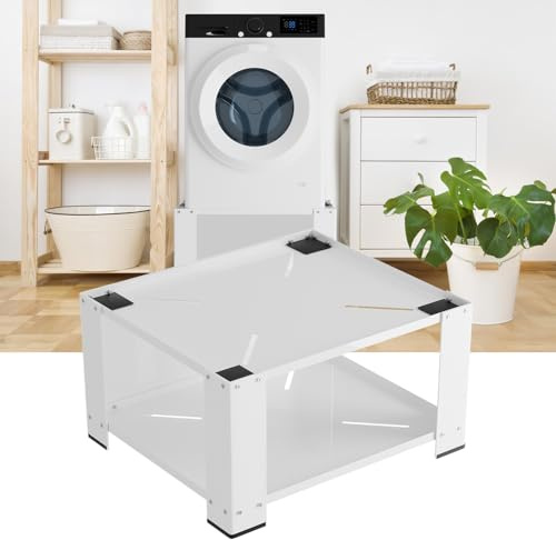 Eikuavons Socle de machine à laver 60 × 60 × 40 cm, supporte jusqu'à 150 kg, socle pour machine à laver et sèche-linge, avec étagère et rembourrage en caoutchouc, blanc