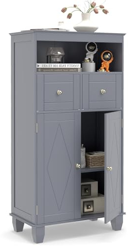 COSTWAY Meuble Salle de Bain, Meuble de Rangement avec 2 Tiroirs et Placard à 2 Portes, Compartiment Ouvert, Étagère Réglable, Commode de Toilette sur Pied pour Salon, Entrée, Couloir (Gris)