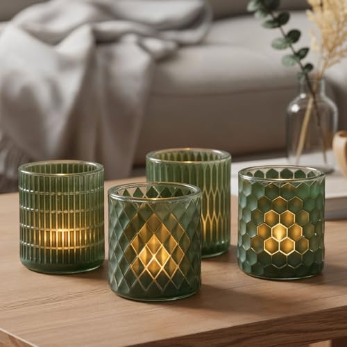 levandeo 4er Set Teelichthalter Grün Glas Windlicht Tischdeko Kerzenhalter Kerzen Deko Wohndeko Kerzenglas Retro