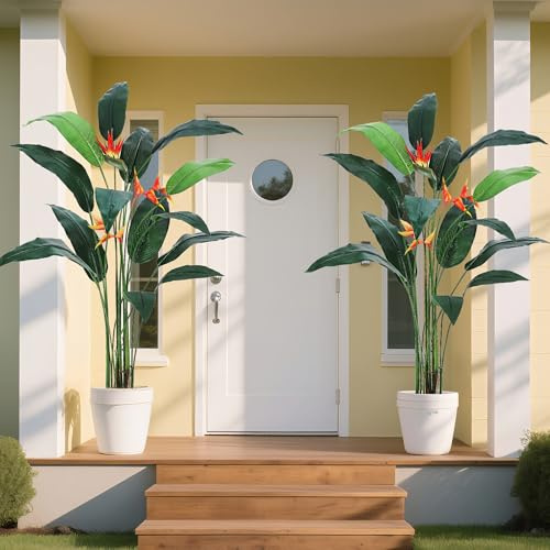 Aptliton Artificial Bird of Paradise 6Ft Tree Set of 2, Faux Palm Tree with 14 Realistic Leaves & 3 Flowers, Tall Fake Exotic Plant for Home/Office, Indoor & Outdoor Modern Decor, Housewarming Gift