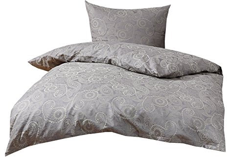 Mako Satin Damast Paisley Bettwäsche Garnitur Davos 155x200 + 80x80 hell grün - grau