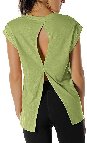 icyzone Damen Fitness-Trainings Kurzarm Shirt Yoga Top Loose Fit Rückenfrei Sport T-Shirt (M, Sweet PEA)
