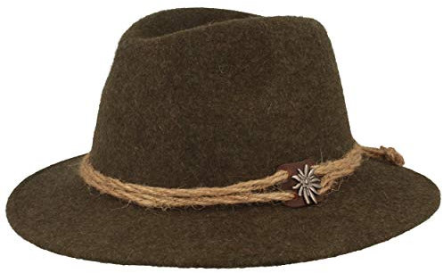 Breiter Original Herren Trachtenhut, Filzhut, Wanderhut Tiroler-Art, 100% Wolle, Hanfkordel, Edelweiß & schmaler Krempe Olive 58
