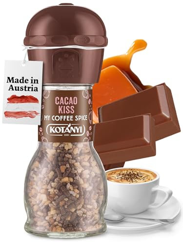 KOTÁNYI Cacao Kiss Kaffee Topping - Mit Schokoladen Krokant, gemahlenem Zimt & Vanille - Passend als Topping für Kaffee, Eiskaffee & Desserts - Inkl. Gewürzmühle mit verstellbaren Mahlgraden
