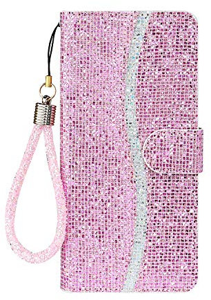 Tiyoo Phone Case for iPhone 12/iPhone 12 PRO Flip Case Bling Glitter Sparkle Case, 3D Sequins Leather Wallet Cover with Magnetic Closure, Support Stand and Card Slots, with Lanyard Strap (Pink)