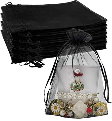 Jexila Durchsichtige Organza-Beutel, 12,7 x 17,8 cm, schwarze Netzbeutel, Kordelzug, Geschenkbeutel, klein, für Schmuck, Süßigkeiten, Hochzeit, Party, Gastgeschenke, Beutel, Schwarz, 100 Stück