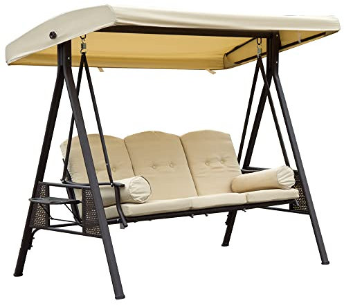 Outsunny Dondolo da Giardino 3 Posti in Metallo, Dondolo da Esterno con Tetto Inclinabile e Cuscini Imbottiti, 208x121x172 cm, Beige