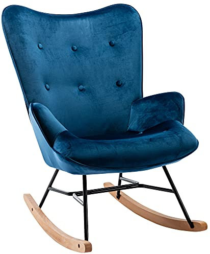 CLP Schaukelstuhl Sanka I Schaukelsessel Mit Samtbezug Und Metallgestell I Relaxsessel Mit Holzkufen, Farbe:blau