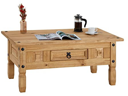 IDIMEX Table Basse Esteban en pin Massif Style Mexicain avec 1 tiroir, Table de Salon en Bois teinté/ciré avec 4 Pieds
