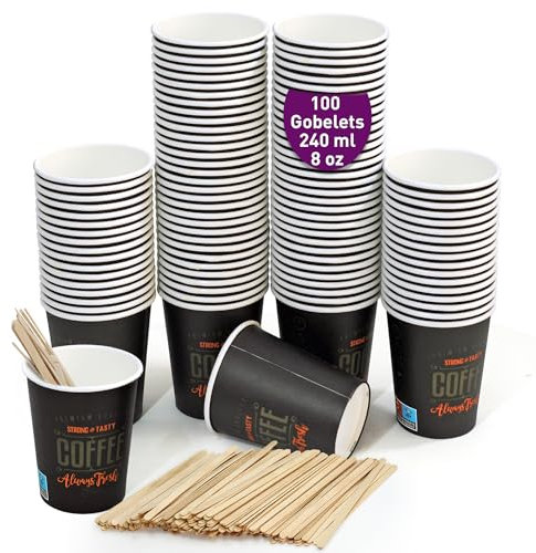 100 tazze da caffè espresso in cartone usa e getta da 240 ml con agitatori da caffè in legno. tazze da caffè da portare via.