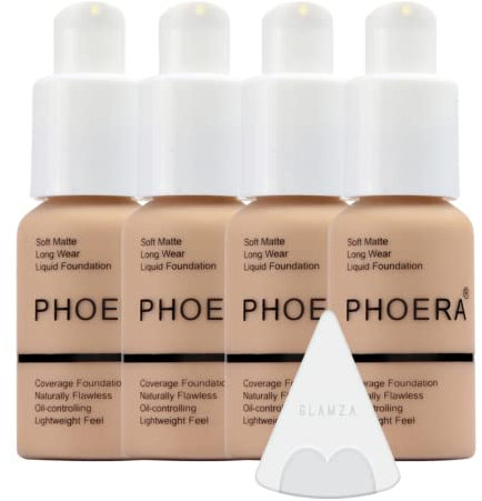 Glamza Phoera Foundation Full Coverage Makeup Set - 24hr Long Lasting Oil Control - Soft Smooth Matte Flawless Concealer Cream - Inc x4 30ml Foundation & Silicone Blender Sponge (104 Buff Beige)