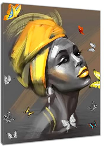 LB Wandbilder Afrikanische Frau Wanddruck Schwarzes Mädchen mit gelbem Afro Leinwand Bilder Bunter Schmetterling Poster für Wohnzimmer Schlafzimmer Badezimmer Wand Deko,30x40cm Ungerahmt