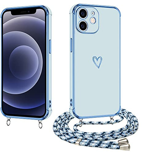 E-Lush Handyhülle für iPhone 12 Hülle mit Band, Herz Love Muster Galvanik Silikon Handy Hülle für iPhone 12 6.1 Zoll Schutzhülle mit Kordel zum Umhängen Kameraschutz Stoßfeste Case, Blau
