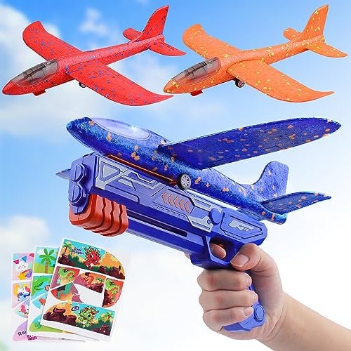 Flugzeugwerfer Spielzeug Set 3 Flugzeuge Schaum Gleiter Launcher Spielzeug mit LED Werfen Gleiter Flugzeug Fliegendes Spielzeug im Freien Schießspiel Geschenke für Kinder Jungen Mädchen Alter 3-12